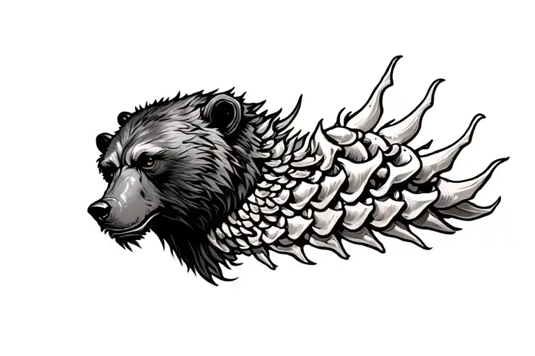 Spine Tattoo With Bear Head And Scales