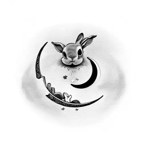 A Crescent Moon With A Rabbit And Monkey Sitting On It Acting Joyfully