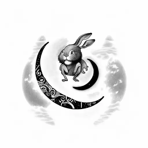 A Crescent Moon With A Rabbit And Monkey Sitting On It Acting Joyfully
