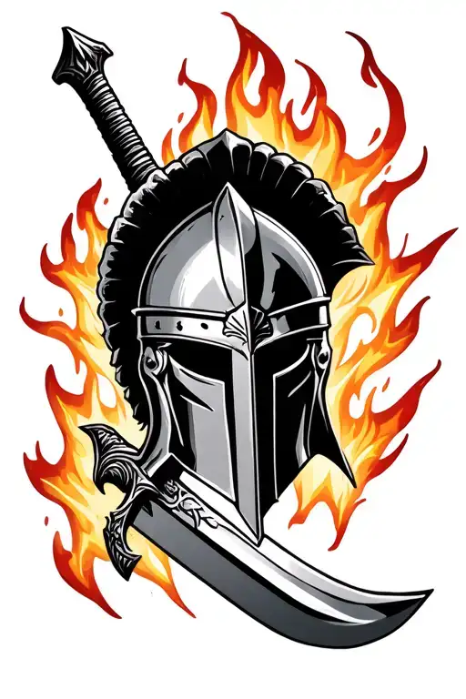 Sparta Helmet With Sword Surrounded Fire