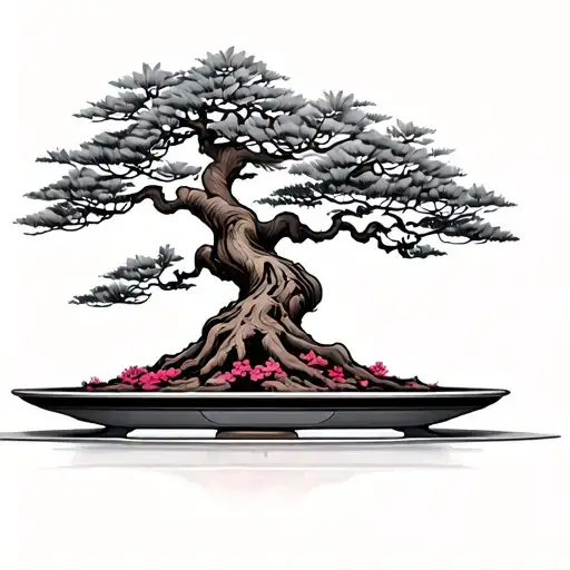 Bonsai Tree Tattoo With Hints Of Brown And Mauve Pink For Sternum Area That's Wider Than It Is Tall