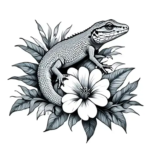 A Basic Fine Line Mosaic Lizard On Top Of Tropical Flowers Black And White