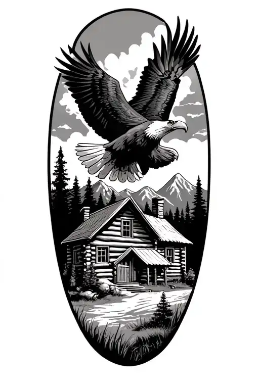 Log Cabin Up On A Mountain With A Bald Eagle Soaring In The Sky With A Acoustic Guitar