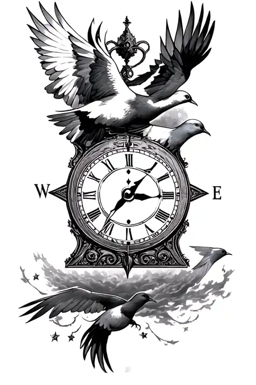 Half Compass Half Clock With Doves Flying Away