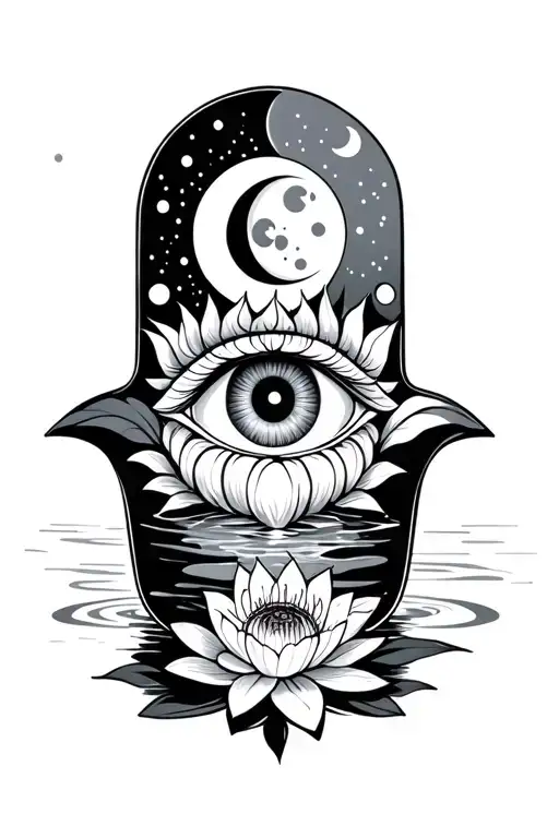 Hamsa Hand With Eye Surrounded By Moon Phase And Water Lilly