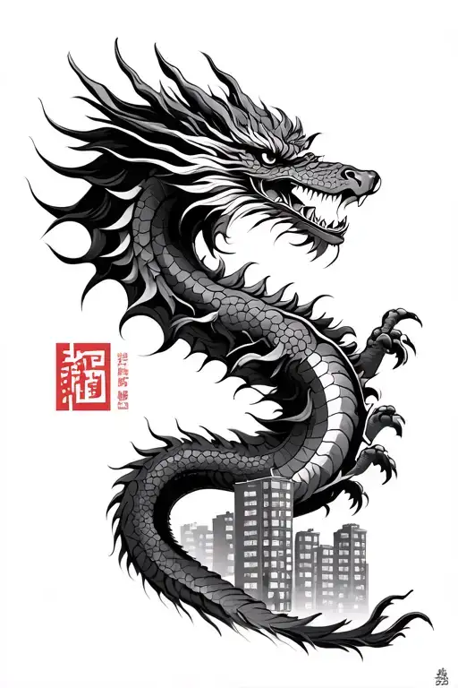 Chinese Dragon With Eastern Europe Apartment Blocks Behind It