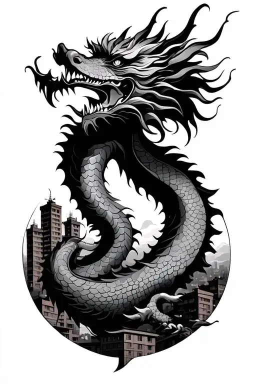 Chinese Dragon With Eastern Europe Apartment Blocks Behind It