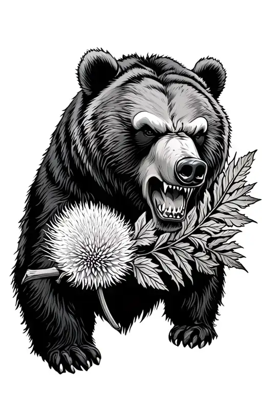 Angry Grizzly Bear & Scotch Thistle Intertwined Representing