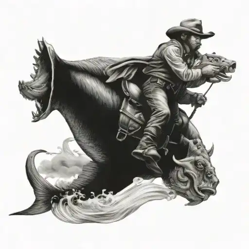 A Black And Grey Portrait Of A Cowboy Riding A Monstrous Fish In A Texas Landscape