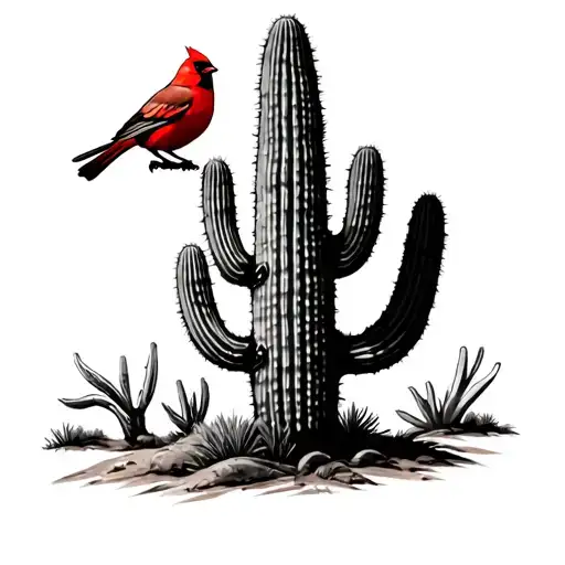 Saguaro Cactus With Red Bird Perched