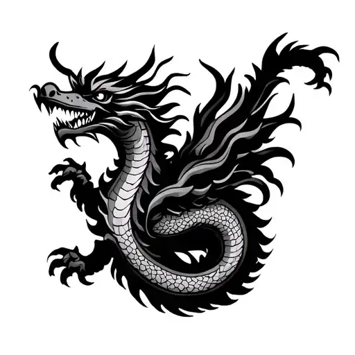 Old School Black Chinese Dragon Tattoo With Eastern Europe Block Of Flats Behind Of It