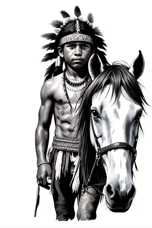 Native American Boy Leading Spotted Horse