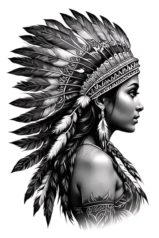 Realistic Side Profile Of Native Woman Wearing Feather Headdress