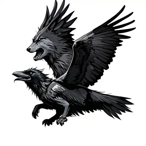 Angry Wolf And Raven Flying Together