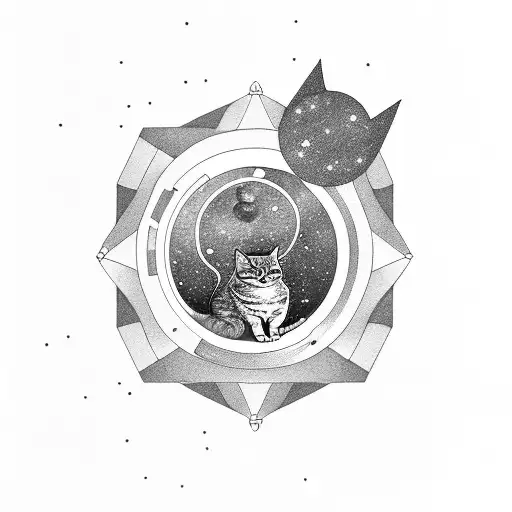 Geometric Space Scene With A Cat Floating Among Stars