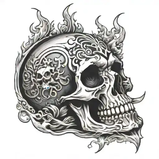A Dark Art Piece Showcasing A Skull Surrounded By Flames And Money Symbols