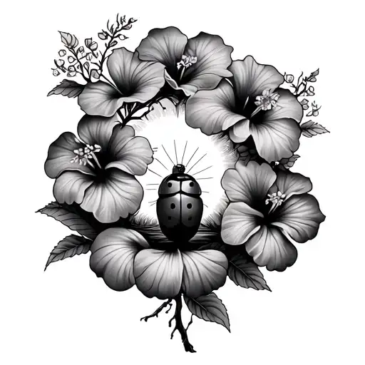 Hibiscus Flowers With A Ladybug Inside With A Sun And A Family Tree