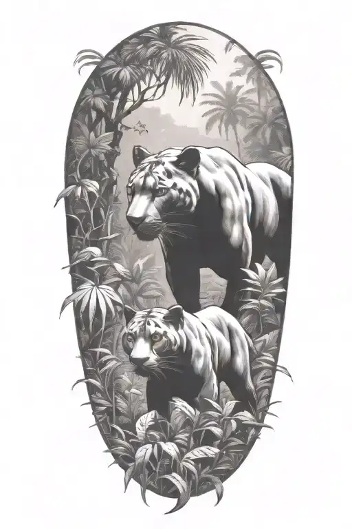 A Pack Of Panthers Stalking Through A Dense Jungle With Birds Flying