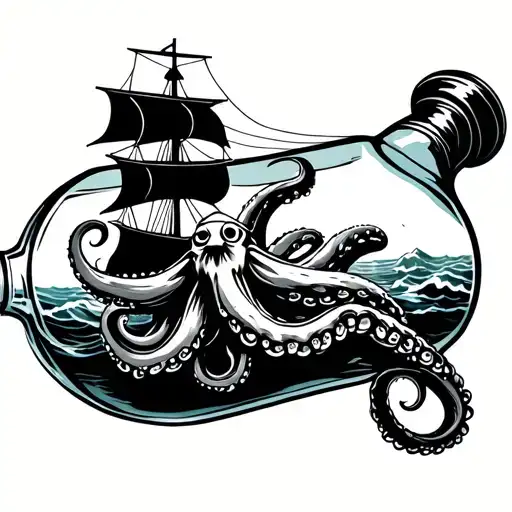 Ship In A Bottle With Octopus Wrapped