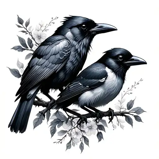 Raven And Sparrow Intertwined In A Delicate