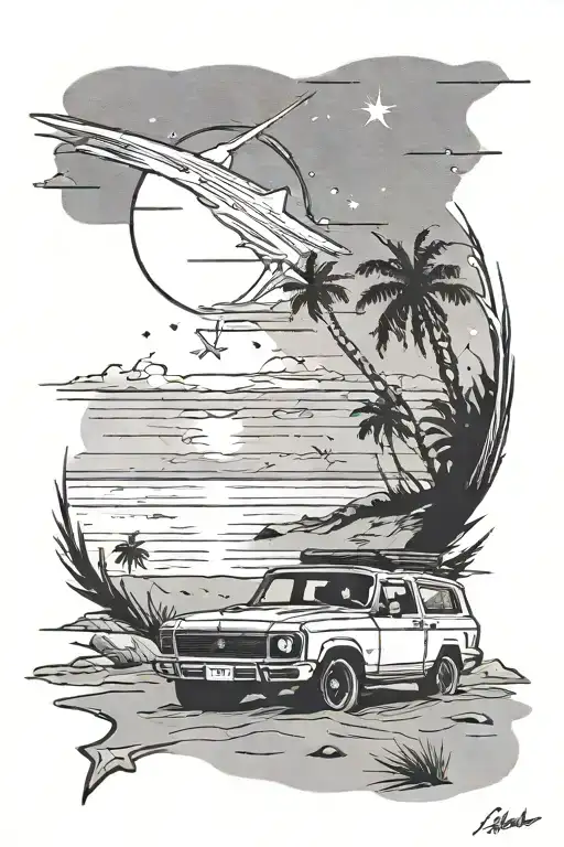 White Suv On The Beach Looking At The Distance At The Sunset With A Shooting Star In The Sky