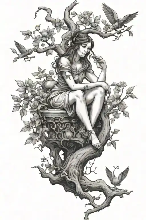 The Sister Of Fate Sitting On A Tree Sowing The Other Greek Gods Into Reality