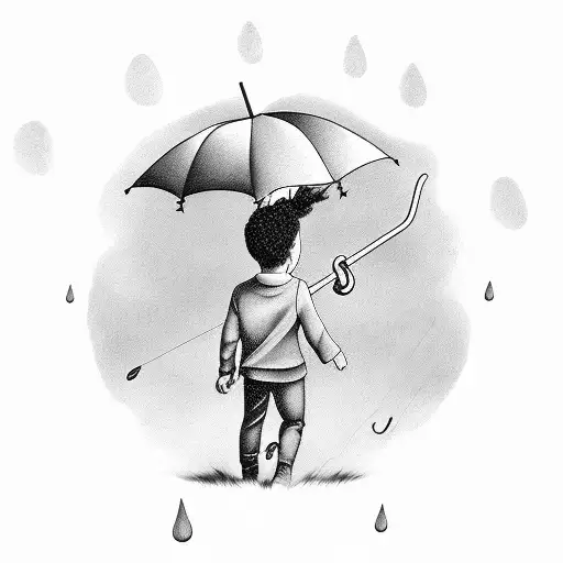 Kid Holding Umbrella With Purple Rain Coming Down From A Cloud