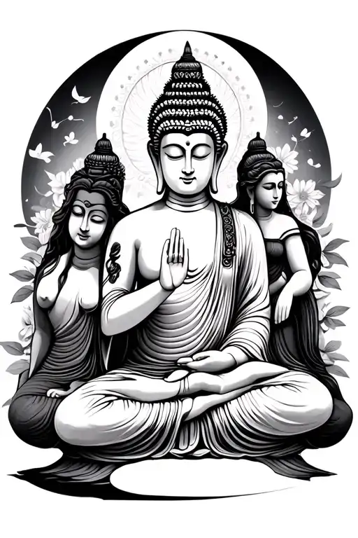 Buddha With Two Women On Their Knees On Either Side