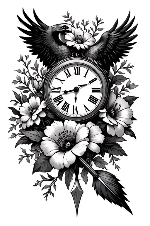 Clock Flowers Raven Arrow