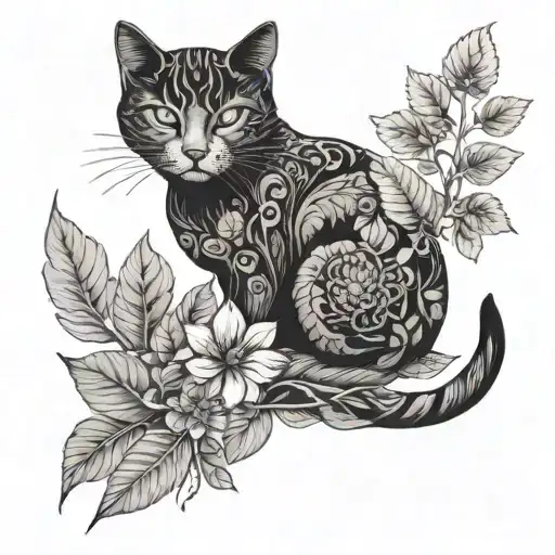 A Botanical Tattoo Of Various Plant Species Intertwined With A Cat Sleeping Peacefully