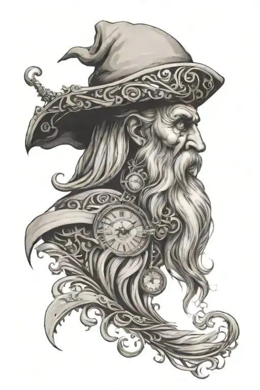 Black And Grey Father Time With One Eye As Clock And A Long Beard That Turns Into The Sands Of Time