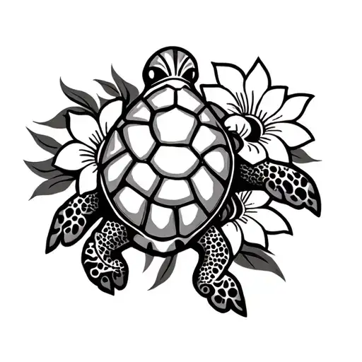 Hawaiian Tribal Patter Tattoo With Turtle And Flowers