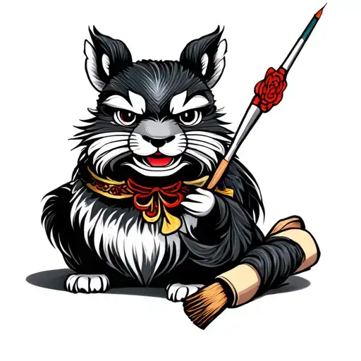 Japanese Traditionel Animal With Paint Brush And Scroll In Hand