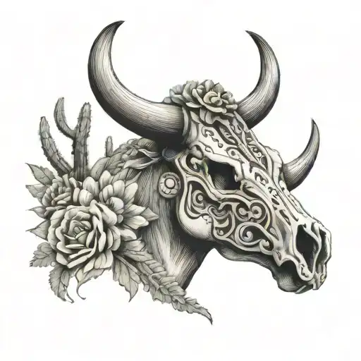 Bull Skull Western Flowers Cactus Horseshoe