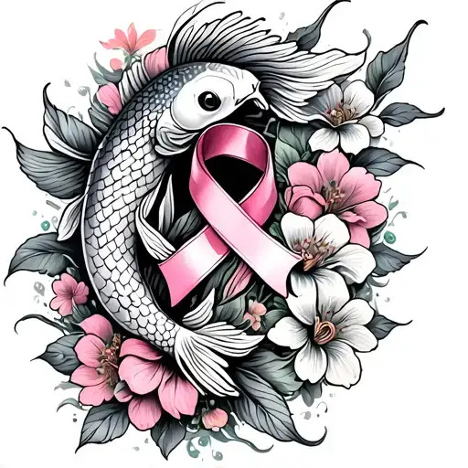 Breast Cancer Ribbon Half Koi Fish Surrounded By Flowers