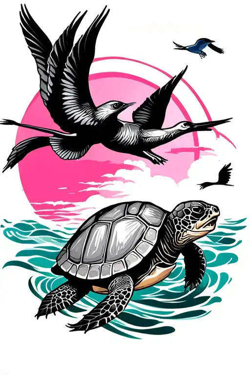 Winds Pink With Sunbacking With Turtle With Sea With Birds