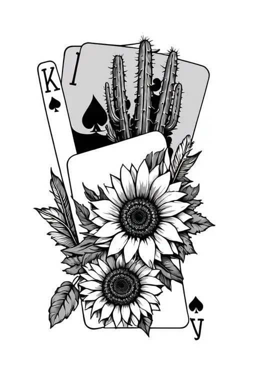 Western Women's Leg Sleeve Tattoo With Cactus Up Side Playing Cards Feathers Sunflowers
