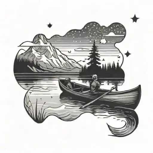 A Serene Scene Of A Canoe Camping Trip On A Peaceful Lake With Mountains And A Starry Sky Above