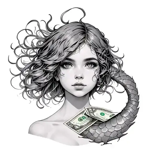 Half -Haired Girl With Scales On Which Money