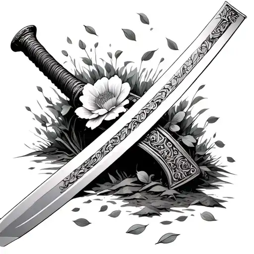 Flower Petals Floating Around An Old Katana Buried Deep In The Ground Tattoo Design