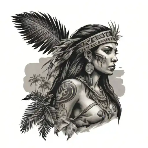 Sexy Native American Woman With Palm Trees And Roman Numerals Clouded Background