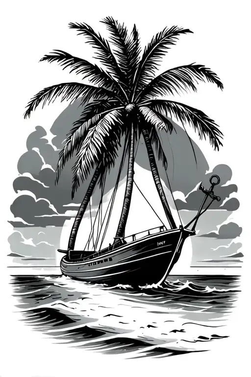Beach With Palm Trees And Boat With Visible Anchor