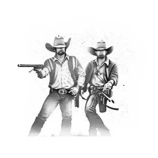 Two Cowboys In A Gun Duel With One Of The Cowboys Hats Flying Off As It Was Shot