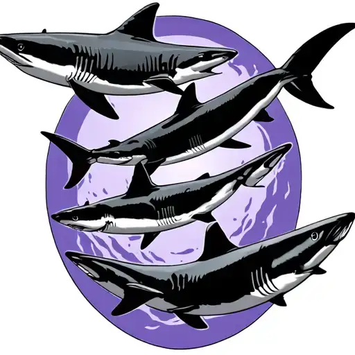 Five Mako Sharks Swimming In A Circle With A Lavender Border