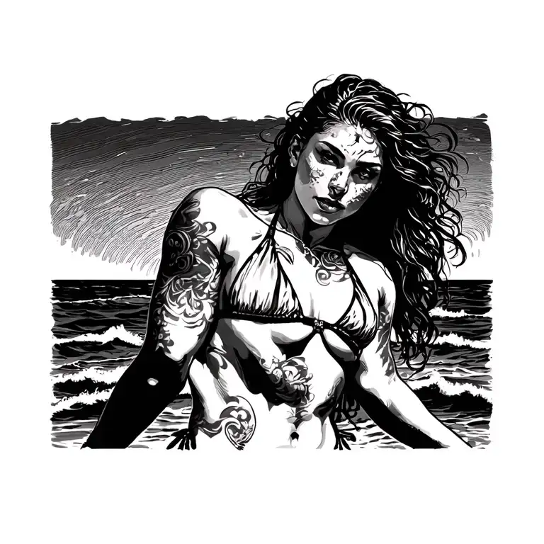 Ciloetee Of Woman Facing Me In A Corona Bikini In Sunset Background