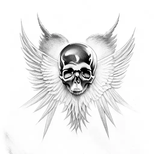 A Black And Grey Angel Wing Merging With A Skull