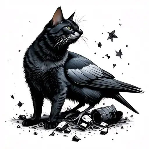 Cat And Crow And Trash