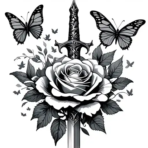 Dagger With Rose Surrounded By Butterflies Flying
