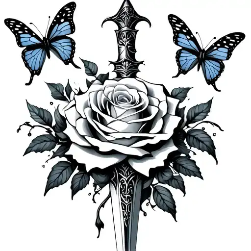 Dagger With Rose Surrounded By Butterflies Flying