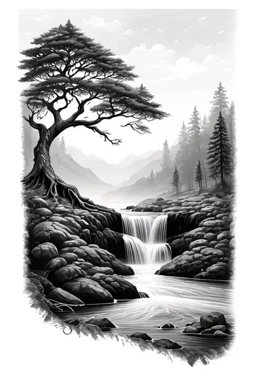 Tree Of Life Over Waterfall River Flowing